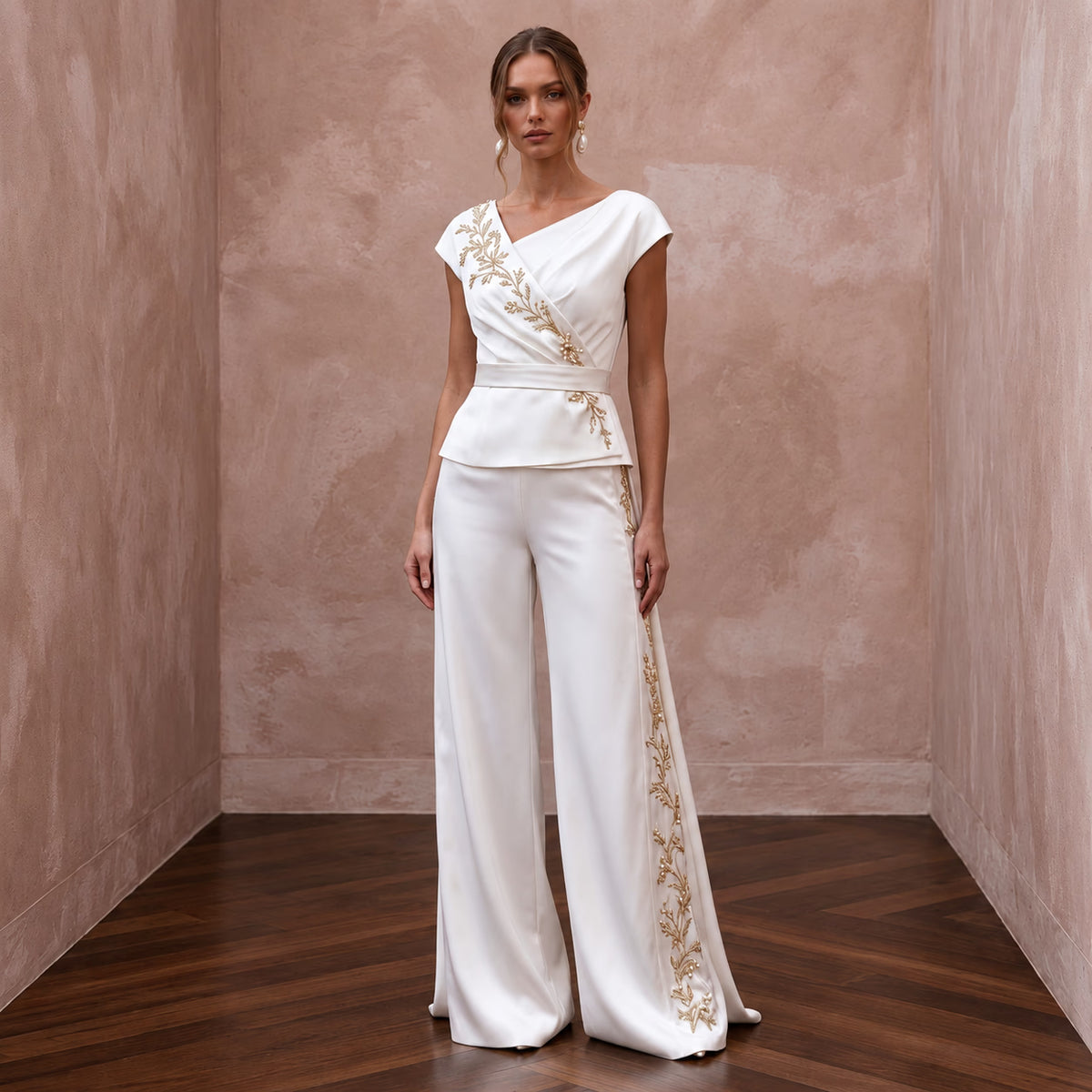 Chic Ivory Satin Bridal Wrap Top & Wide - Leg Pant Set for Engagement - Apparel & Accessories > Clothing > Wedding & Bridal Party Dresses > Wedding Dresses - Mignonette Bridal Main image