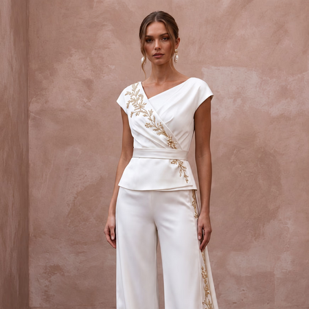 Chic Ivory Satin Bridal Wrap Top & Wide - Leg Pant Set for Engagement - Apparel & Accessories > Clothing > Wedding & Bridal Party Dresses > Wedding Dresses - Mignonette Bridal