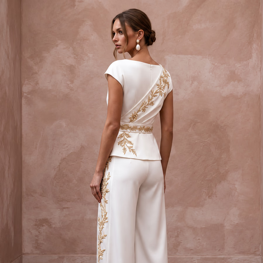 Chic Ivory Satin Bridal Wrap Top & Wide - Leg Pant Set for Engagement - Apparel & Accessories > Clothing > Wedding & Bridal Party Dresses > Wedding Dresses - Mignonette Bridal