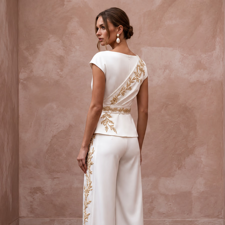 Chic Ivory Satin Bridal Wrap Top & Wide - Leg Pant Set for Engagement - Apparel & Accessories > Clothing > Wedding & Bridal Party Dresses > Wedding Dresses - Mignonette Bridal