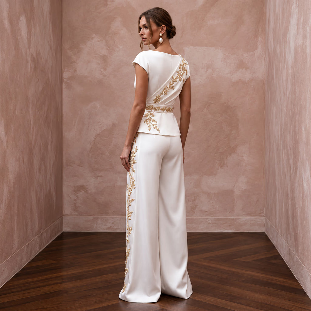 Chic Ivory Satin Bridal Wrap Top & Wide - Leg Pant Set for Engagement - Apparel & Accessories > Clothing > Wedding & Bridal Party Dresses > Wedding Dresses - Mignonette Bridal