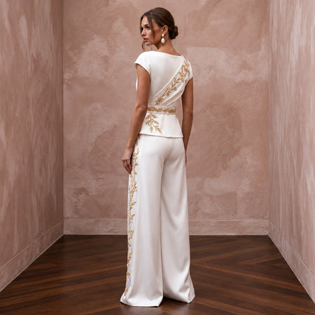 Chic Ivory Satin Bridal Wrap Top & Wide - Leg Pant Set for Engagement - Apparel & Accessories > Clothing > Wedding & Bridal Party Dresses > Wedding Dresses - Mignonette Bridal