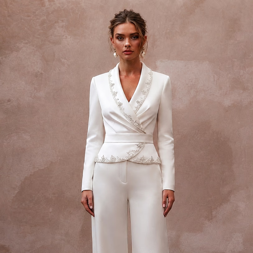 Chic Ivory Satin Wrap Top & Wide - Leg Pant for Engagement - Apparel & Accessories > Clothing > Wedding & Bridal Party Dresses > Wedding Dresses - Mignonette Bridal