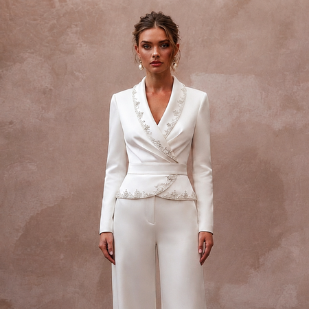 Chic Ivory Satin Wrap Top & Wide-Leg Pant for Engagement
