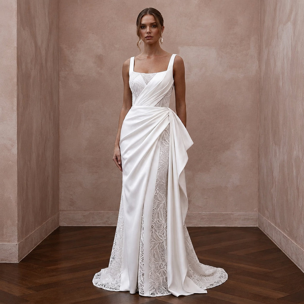 Chic Wedding Dresses with Draped Satin Waistlines - Apparel & Accessories > Clothing > Wedding & Bridal Party Dresses > Wedding Dresses - Mignonette Bridal