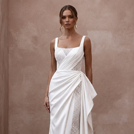 Chic Wedding Dresses with Draped Satin Waistlines - Apparel & Accessories > Clothing > Wedding & Bridal Party Dresses > Wedding Dresses - Mignonette Bridal