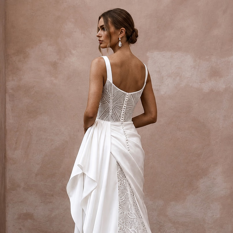 Chic Wedding Dresses with Draped Satin Waistlines - Apparel & Accessories > Clothing > Wedding & Bridal Party Dresses > Wedding Dresses - Mignonette Bridal