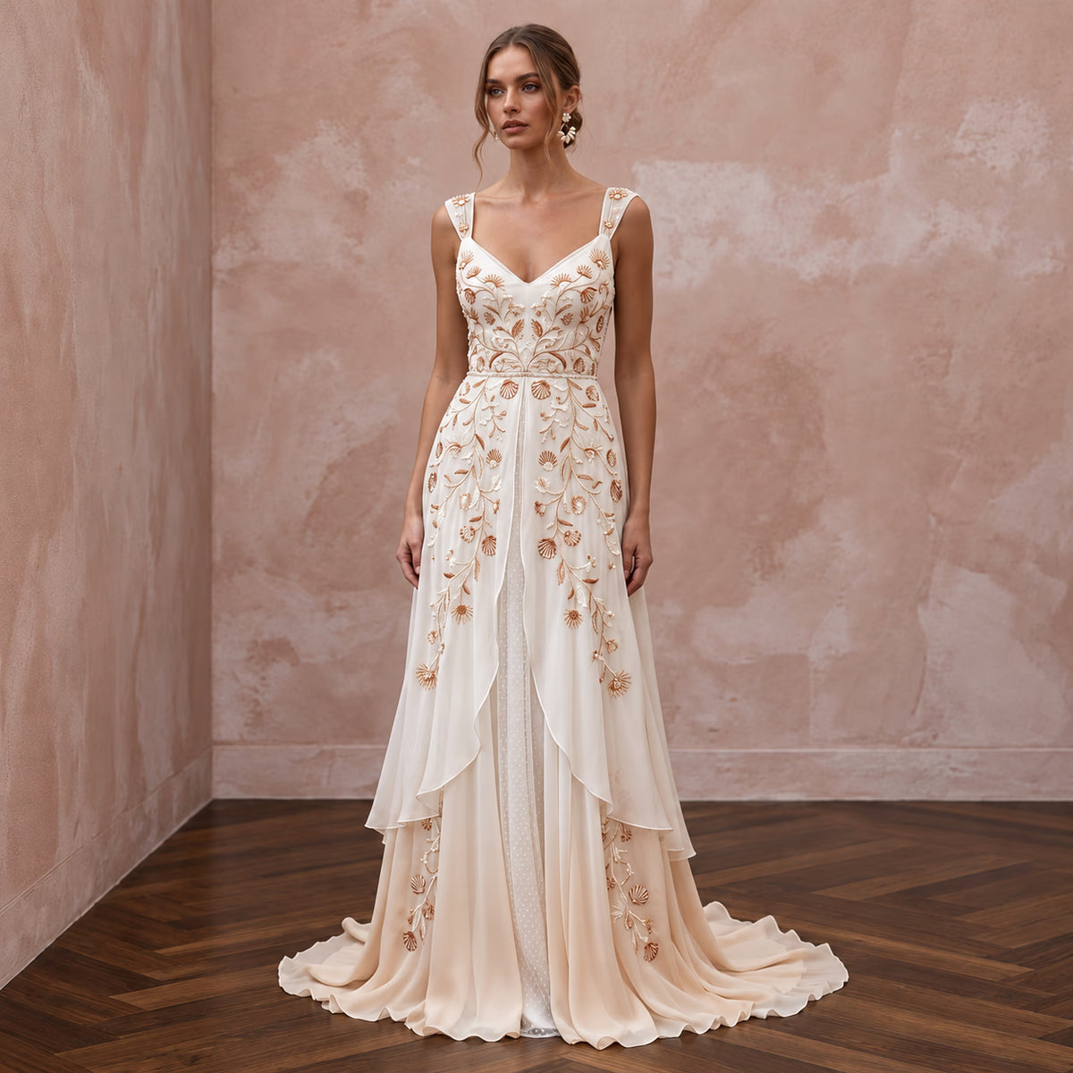 Chiffon Bridal Gown for a Sunset Destination Wedding - Apparel & Accessories > Clothing > Wedding & Bridal Party Dresses > Wedding Dresses - Mignonette Bridal