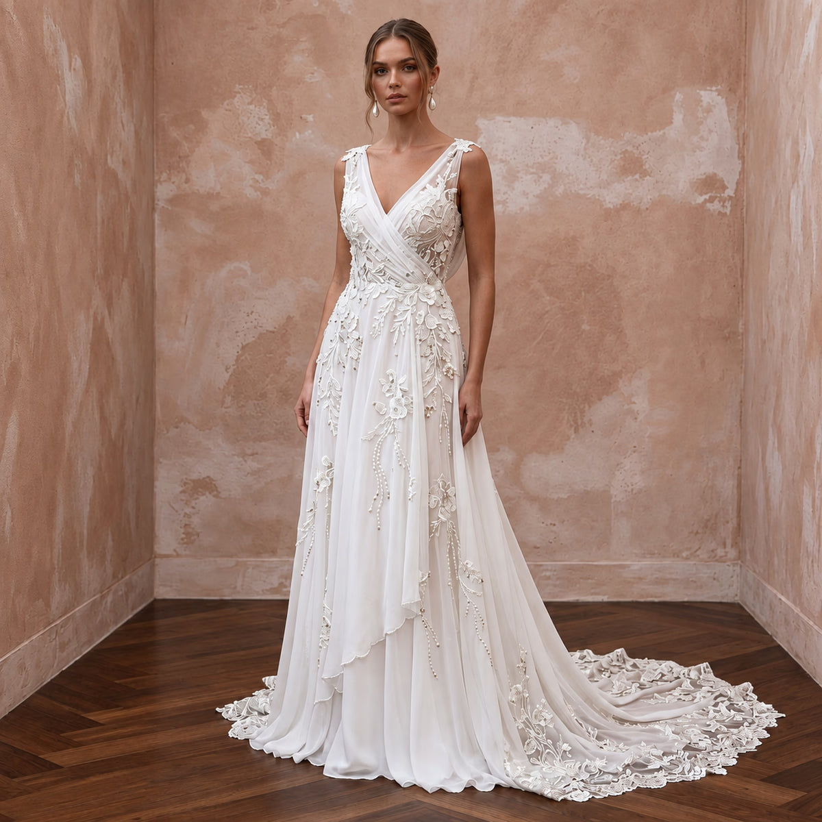 Chiffon Wedding Dress for a Coastal Cliff Ceremony - Apparel & Accessories > Clothing > Wedding & Bridal Party Dresses > Wedding Dresses - Mignonette Bridal Main image