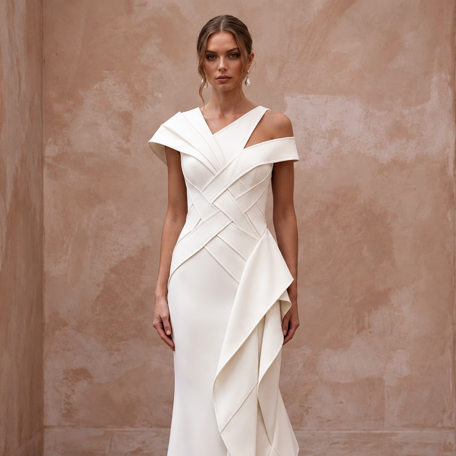 Chiseled Ivory Double Crepe Asymmetric Bridal Gown for Gallery Reception