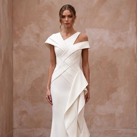 Chiseled Ivory Double Crepe Asymmetric Bridal Gown for Gallery Reception