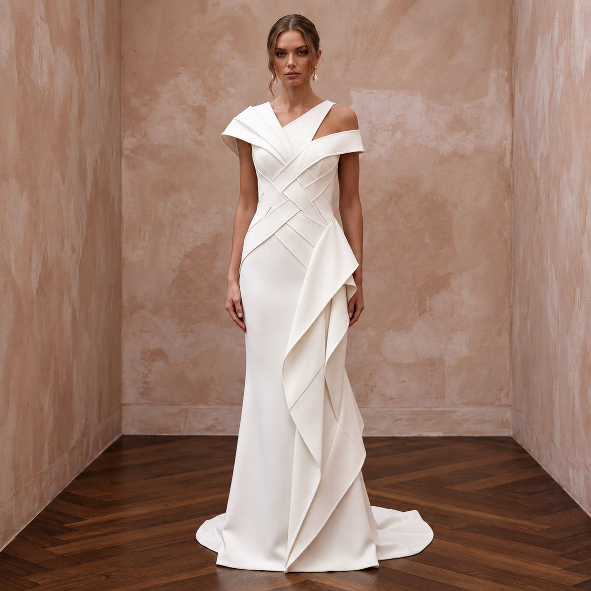 Chiseled Ivory Double Crepe Asymmetric Bridal Gown for Gallery Reception