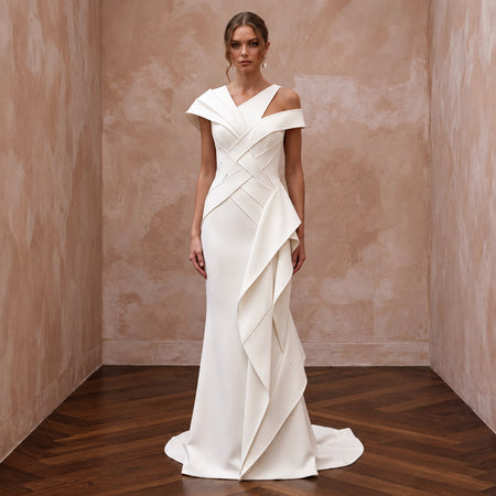 Chiseled Ivory Double Crepe Asymmetric Bridal Gown for Gallery Reception