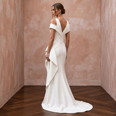 Chiseled Ivory Double Crepe Asymmetric Bridal Gown for Gallery Reception