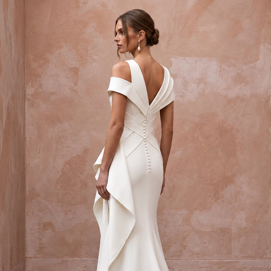 Chiseled Ivory Double Crepe Asymmetric Bridal Gown for Gallery Reception