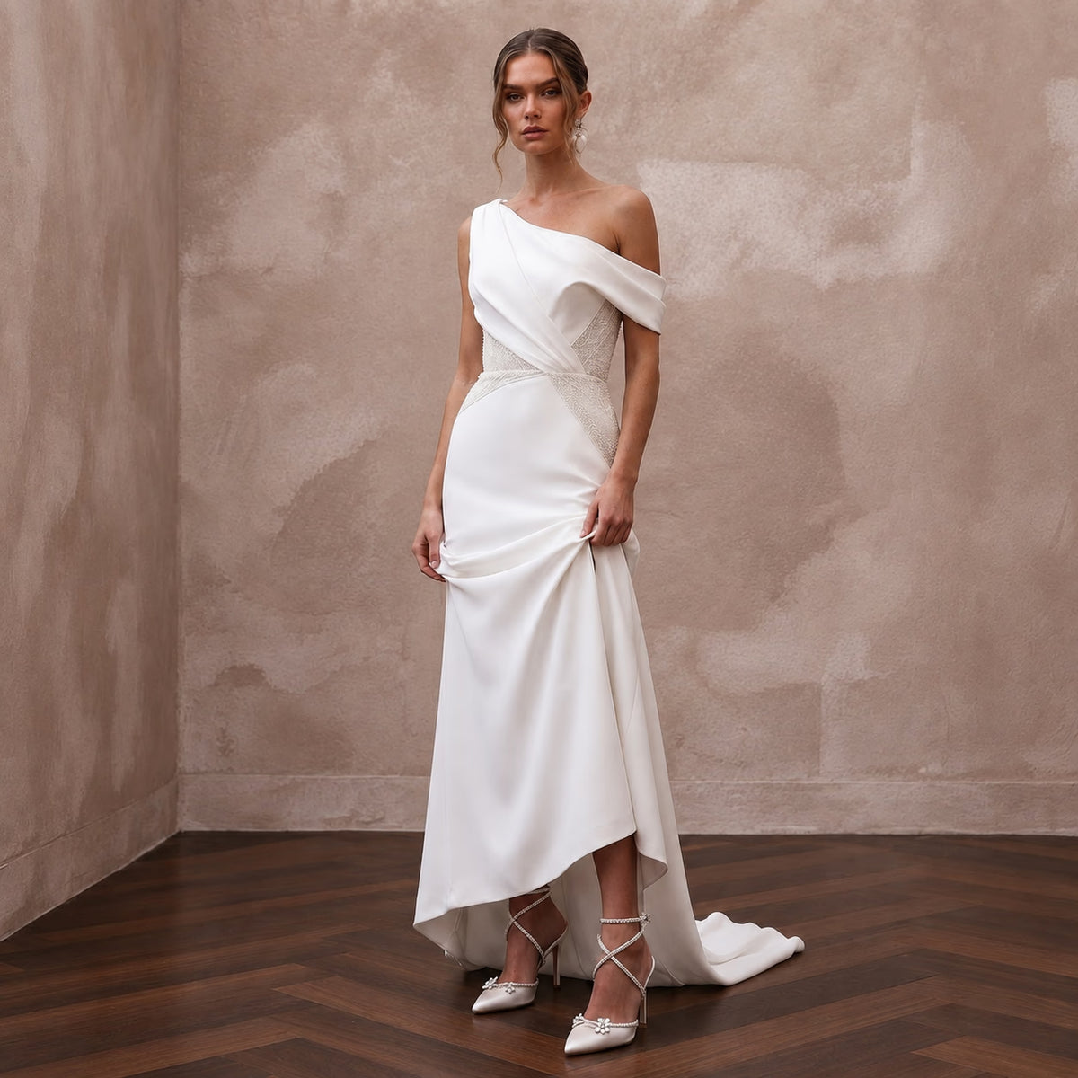 Chiseled Ivory Double Crepe Asymmetric Dress for Gallery Reception - Apparel & Accessories > Clothing > Wedding & Bridal Party Dresses > Wedding Dresses - Mignonette Bridal Main image
