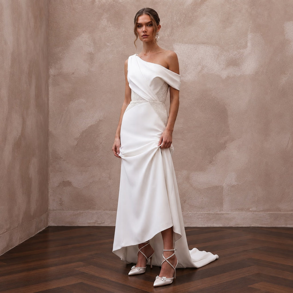 Chiseled Ivory Double Crepe Asymmetric Dress for Gallery Reception - Apparel & Accessories > Clothing > Wedding & Bridal Party Dresses > Wedding Dresses - Mignonette Bridal