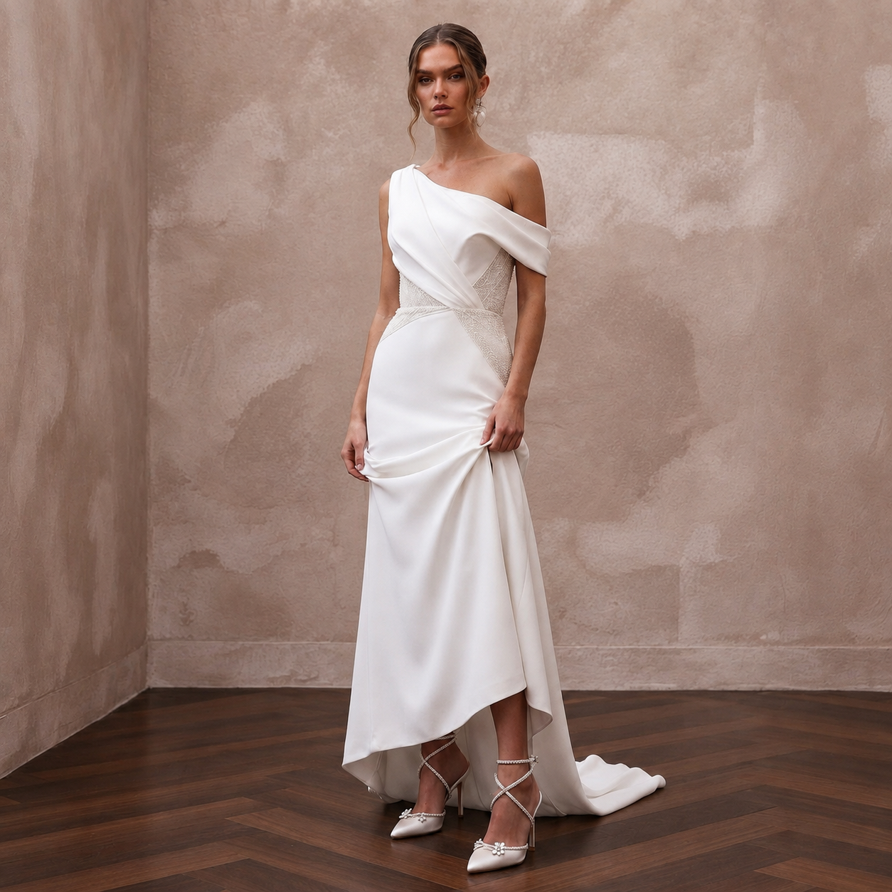 Chiseled Ivory Double Crepe Asymmetric Dress for Gallery Reception