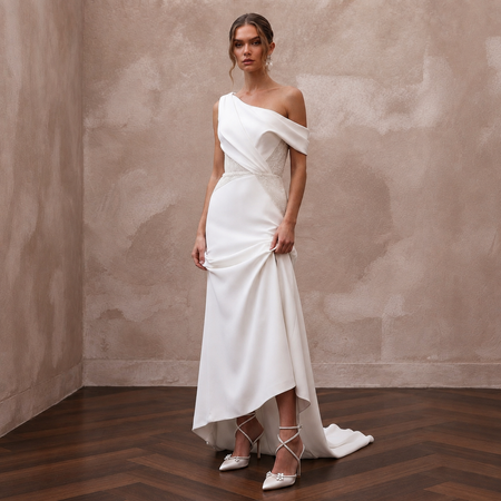 Chiseled Ivory Double Crepe Asymmetric Dress for Gallery Reception