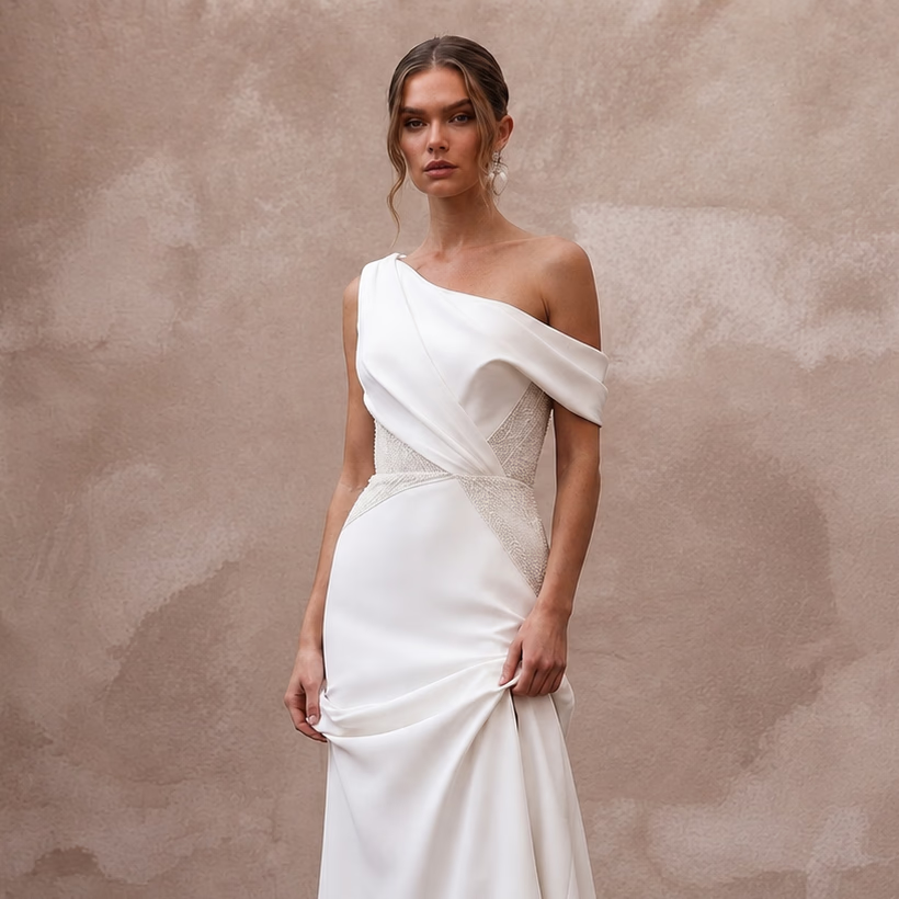 Chiseled Ivory Double Crepe Asymmetric Dress for Gallery Reception - Apparel & Accessories > Clothing > Wedding & Bridal Party Dresses > Wedding Dresses - Mignonette Bridal