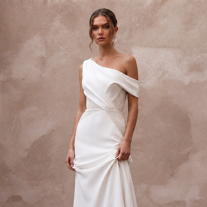 Chiseled Ivory Double Crepe Asymmetric Dress for Gallery Reception