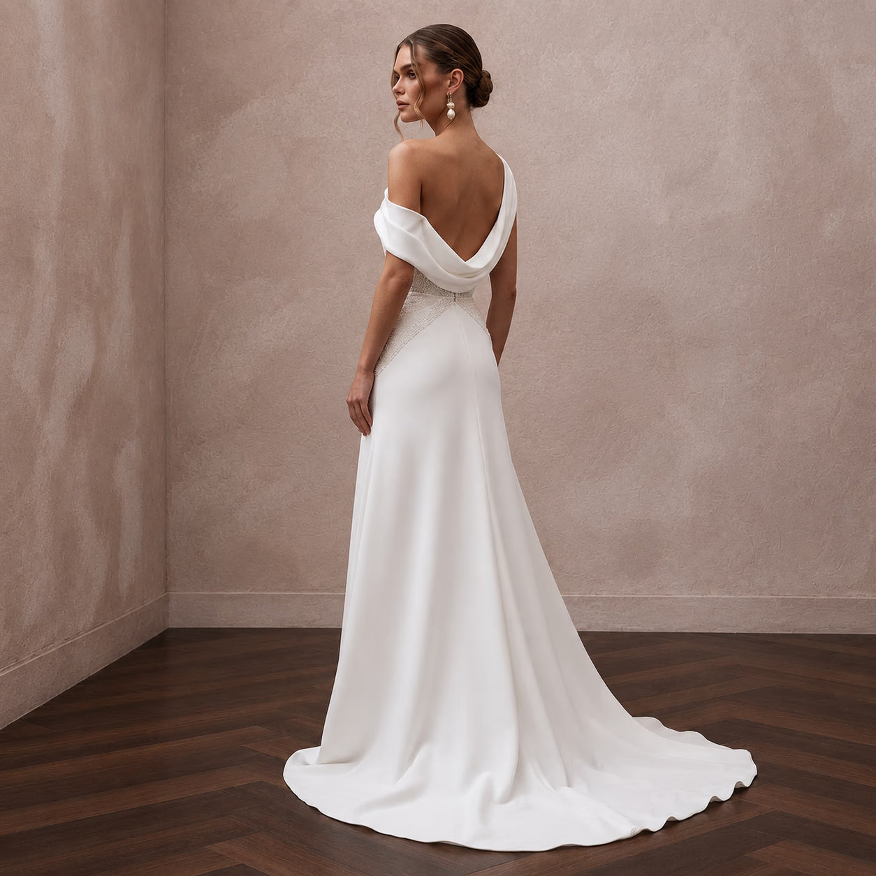 Chiseled Ivory Double Crepe Asymmetric Dress for Gallery Reception Secondary image