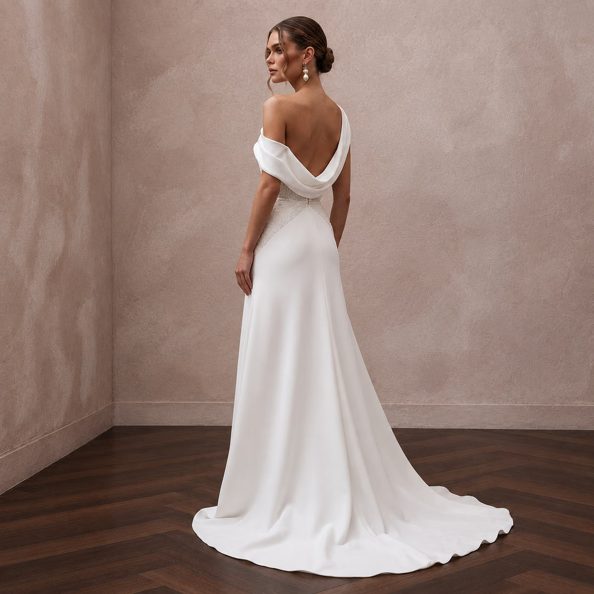 Chiseled Ivory Double Crepe Asymmetric Dress for Gallery Reception - Apparel & Accessories > Clothing > Wedding & Bridal Party Dresses > Wedding Dresses - Mignonette Bridal
