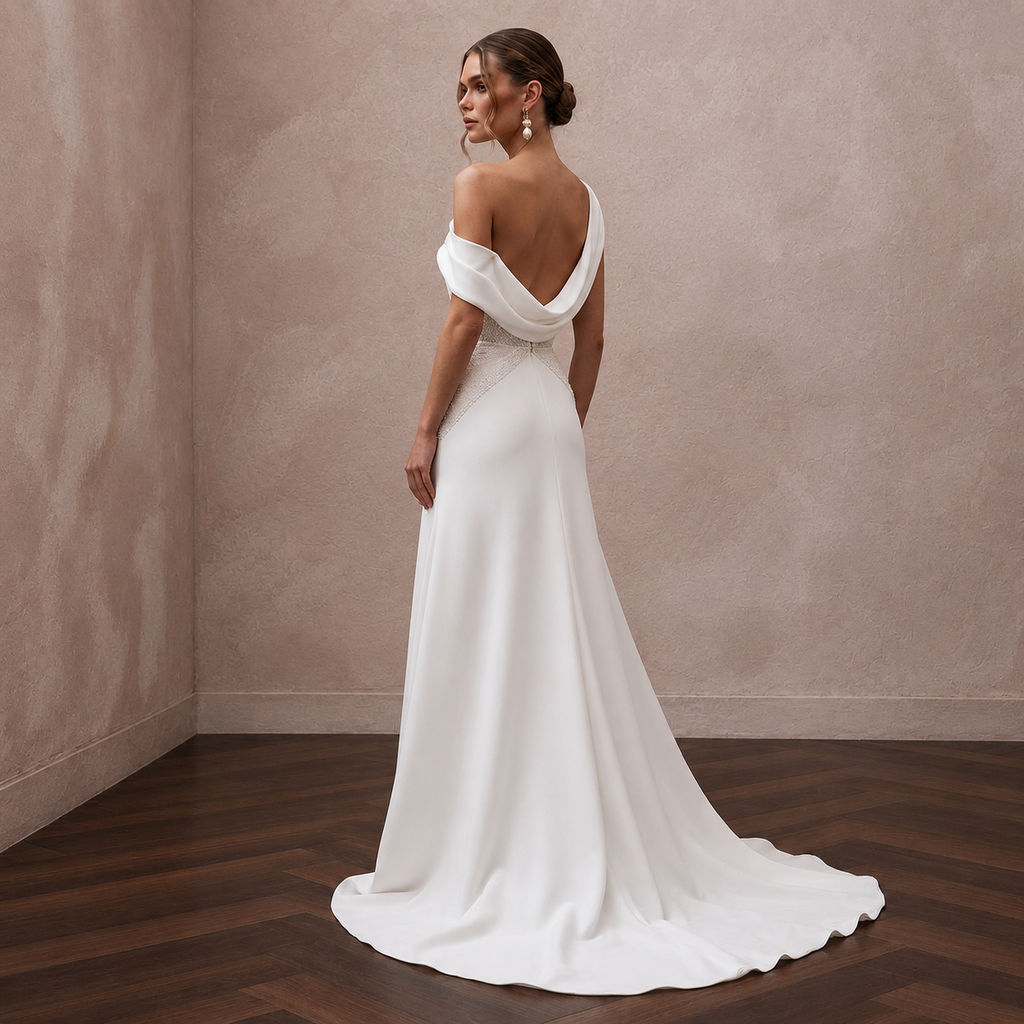 Chiseled Ivory Double Crepe Asymmetric Dress for Gallery Reception