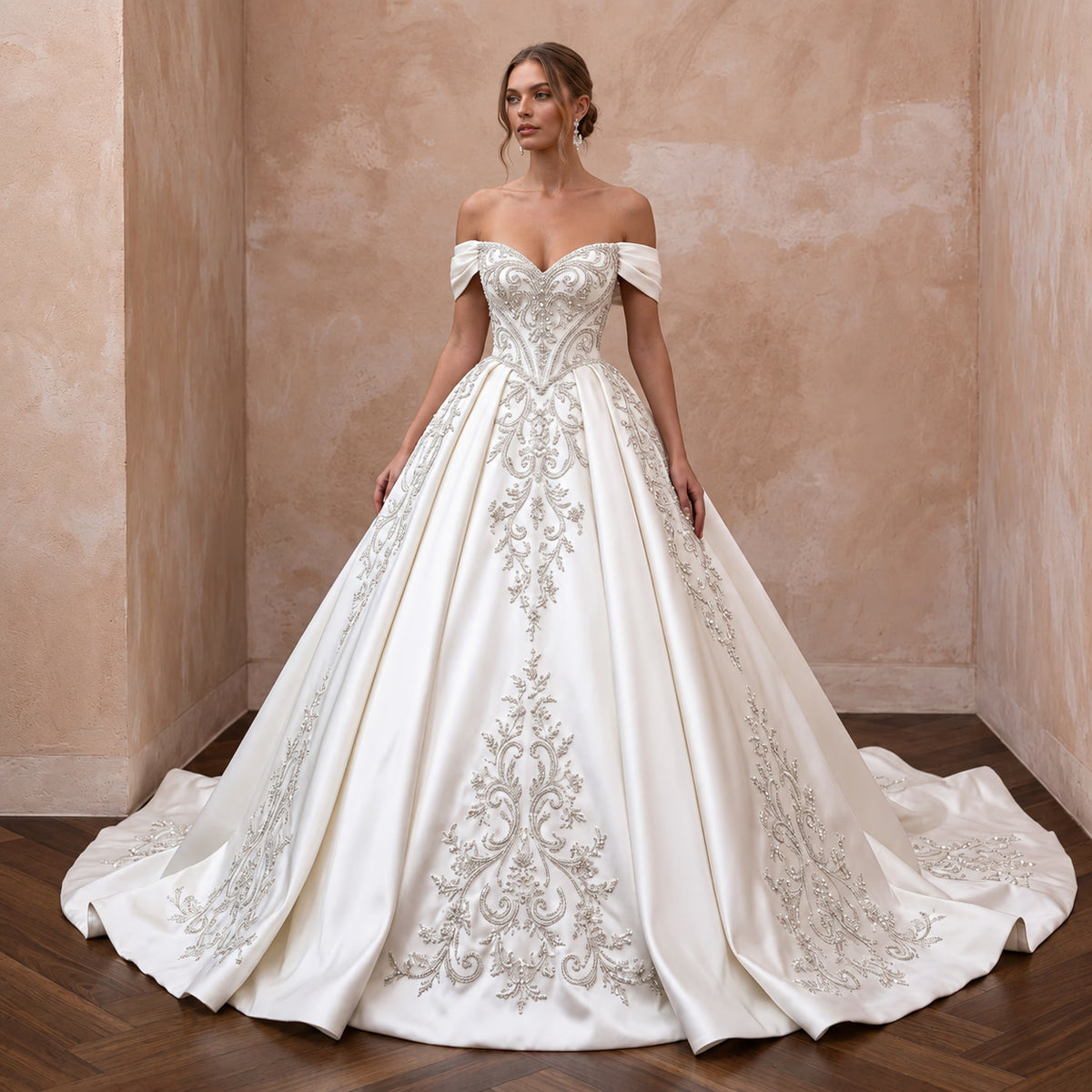 Cinderella Inspired Satin Wedding Dress with Full Skirt - Apparel & Accessories > Clothing > Wedding & Bridal Party Dresses > Wedding Dresses - Mignonette Bridal Main image
