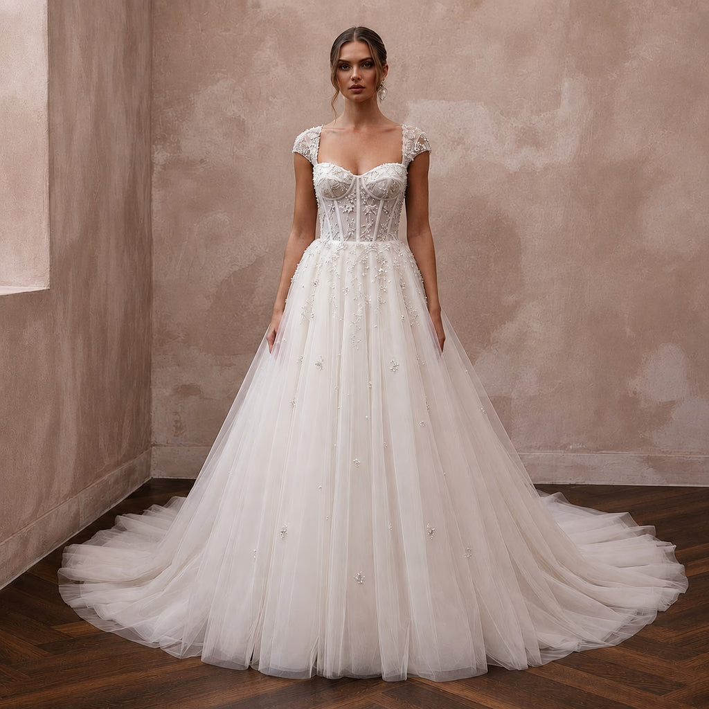 Classic Beaded Tulle Wedding Dress with Ball Gown Silhouette