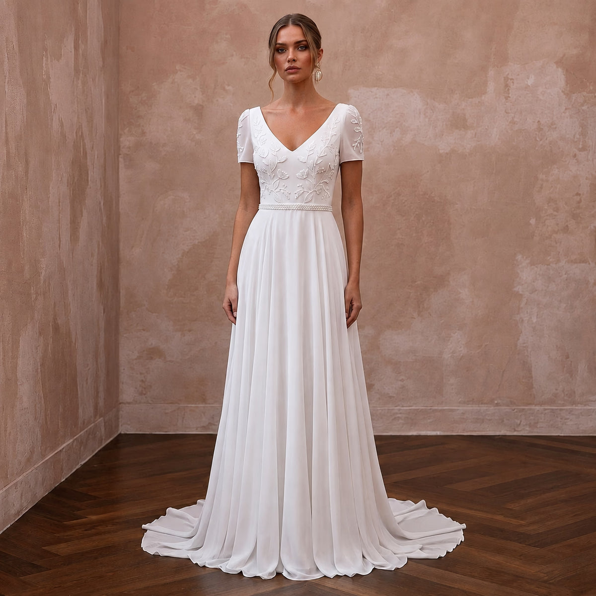 Classic Chiffon A - Line Wedding Dress with Short Sleeves - Apparel & Accessories > Clothing > Wedding & Bridal Party Dresses > Wedding Dresses - Mignonette Bridal Main image