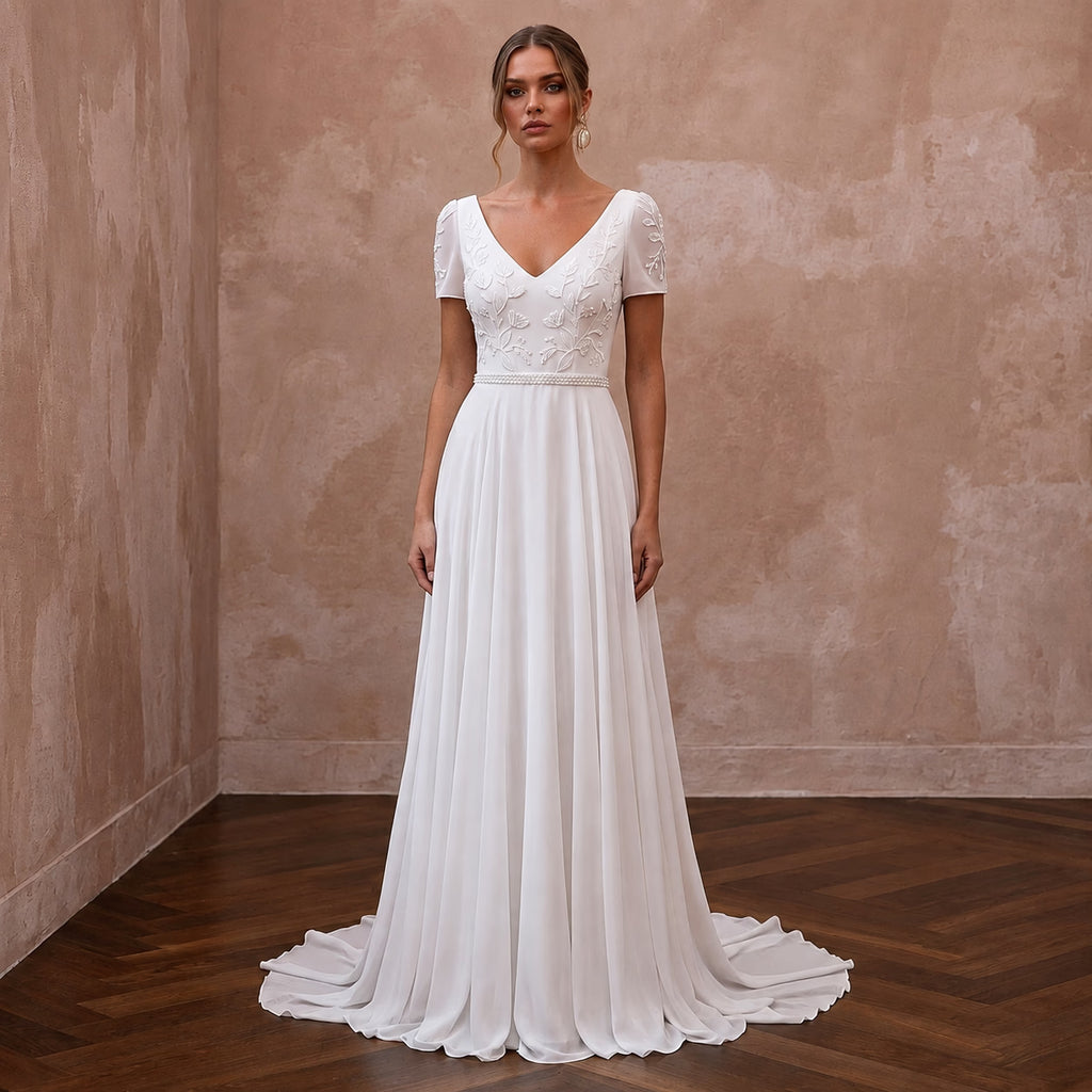 Classic Chiffon A - Line Wedding Dress with Short Sleeves - Apparel & Accessories > Clothing > Wedding & Bridal Party Dresses > Wedding Dresses - Mignonette Bridal