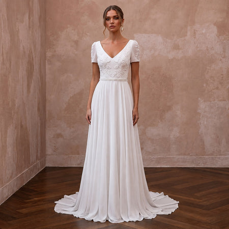 Classic Chiffon A - Line Wedding Dress with Short Sleeves - Apparel & Accessories > Clothing > Wedding & Bridal Party Dresses > Wedding Dresses - Mignonette Bridal
