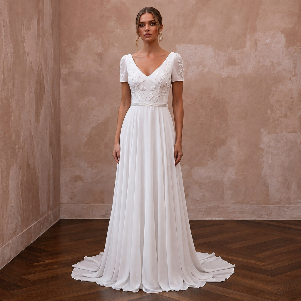 Classic Chiffon A-Line Wedding Dress with Short Sleeves