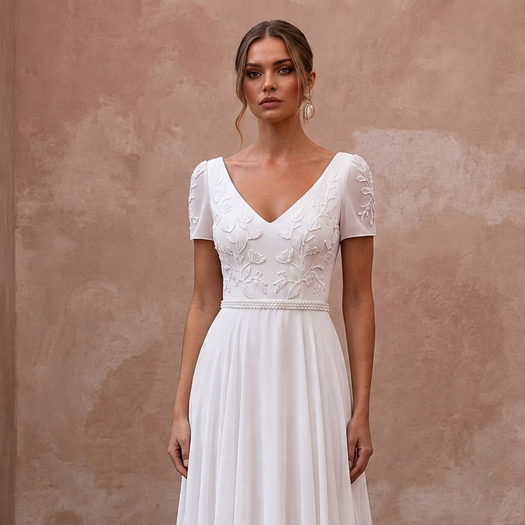 Classic Chiffon A - Line Wedding Dress with Short Sleeves - Apparel & Accessories > Clothing > Wedding & Bridal Party Dresses > Wedding Dresses - Mignonette Bridal