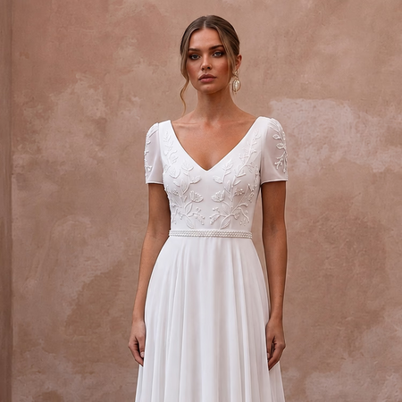 Classic Chiffon A - Line Wedding Dress with Short Sleeves - Apparel & Accessories > Clothing > Wedding & Bridal Party Dresses > Wedding Dresses - Mignonette Bridal