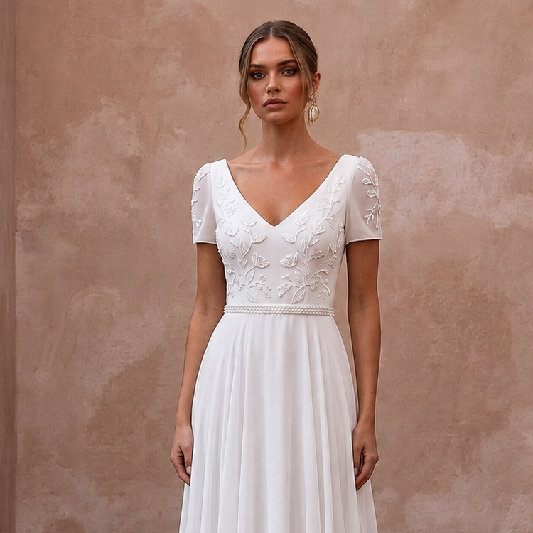 Classic Chiffon A-Line Wedding Dress with Short Sleeves