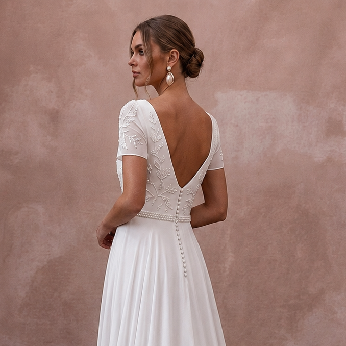 Classic Chiffon A-Line Wedding Dress with Short Sleeves