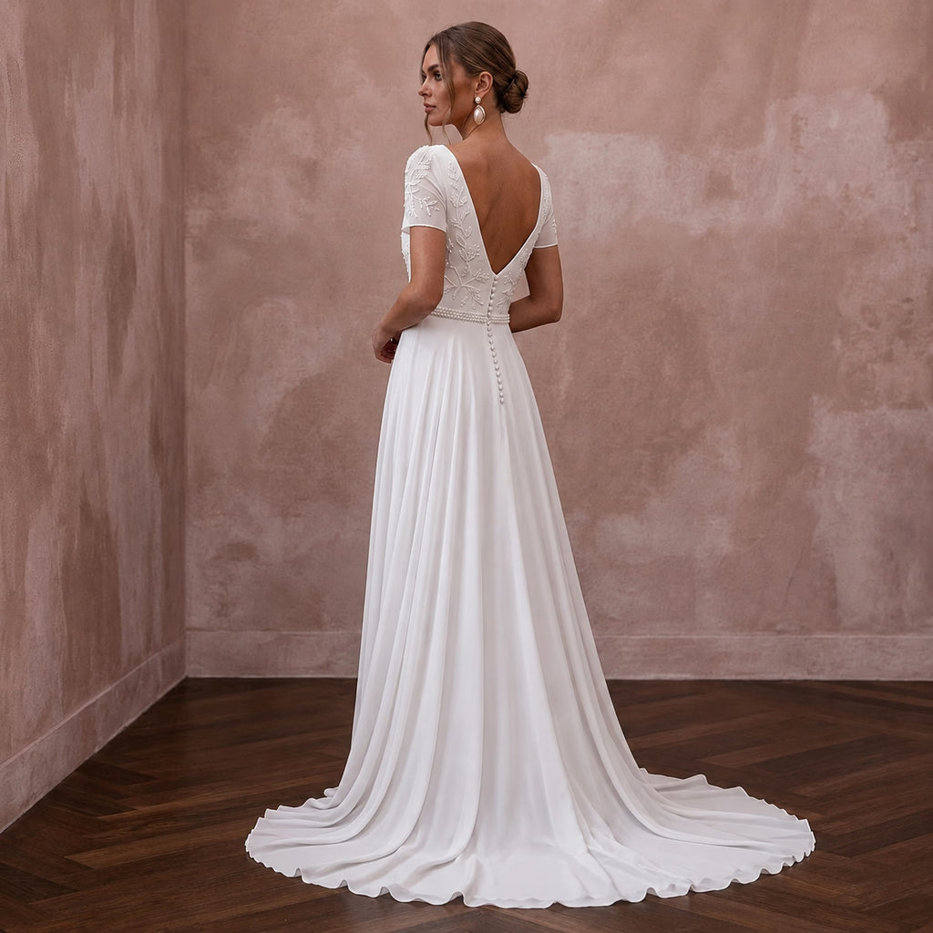 Classic Chiffon A - Line Wedding Dress with Short Sleeves - Apparel & Accessories > Clothing > Wedding & Bridal Party Dresses > Wedding Dresses - Mignonette Bridal