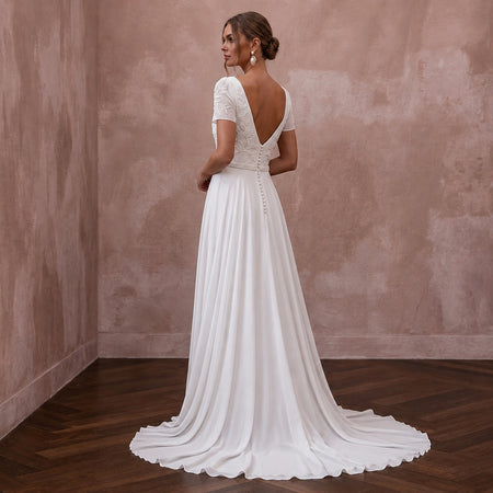 Classic Chiffon A - Line Wedding Dress with Short Sleeves - Apparel & Accessories > Clothing > Wedding & Bridal Party Dresses > Wedding Dresses - Mignonette Bridal