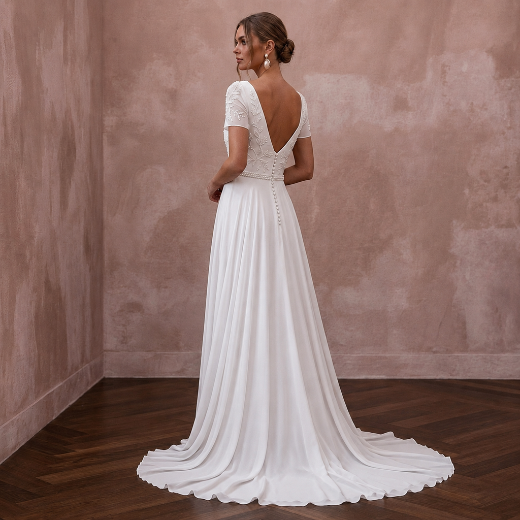 Classic Chiffon A-Line Wedding Dress with Short Sleeves