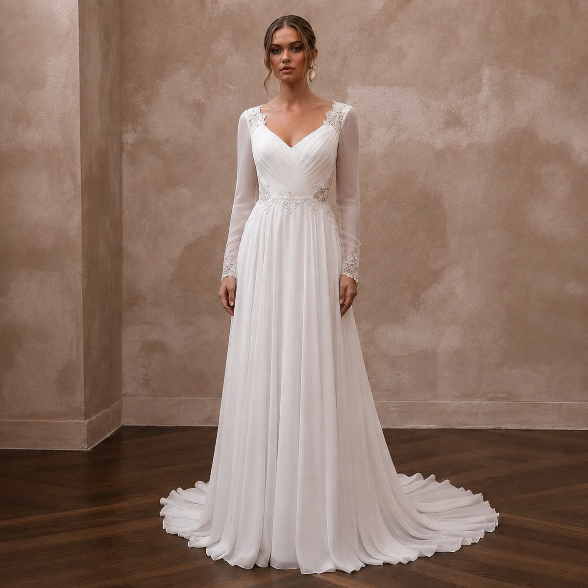 White chiffon A-line bridal dress with long lace sleeves and V-neck bodice Main image