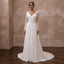 White chiffon A-line bridal dress with long lace sleeves and V-neck bodice
