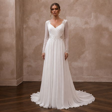 White chiffon A-line bridal dress with long lace sleeves and V-neck bodice