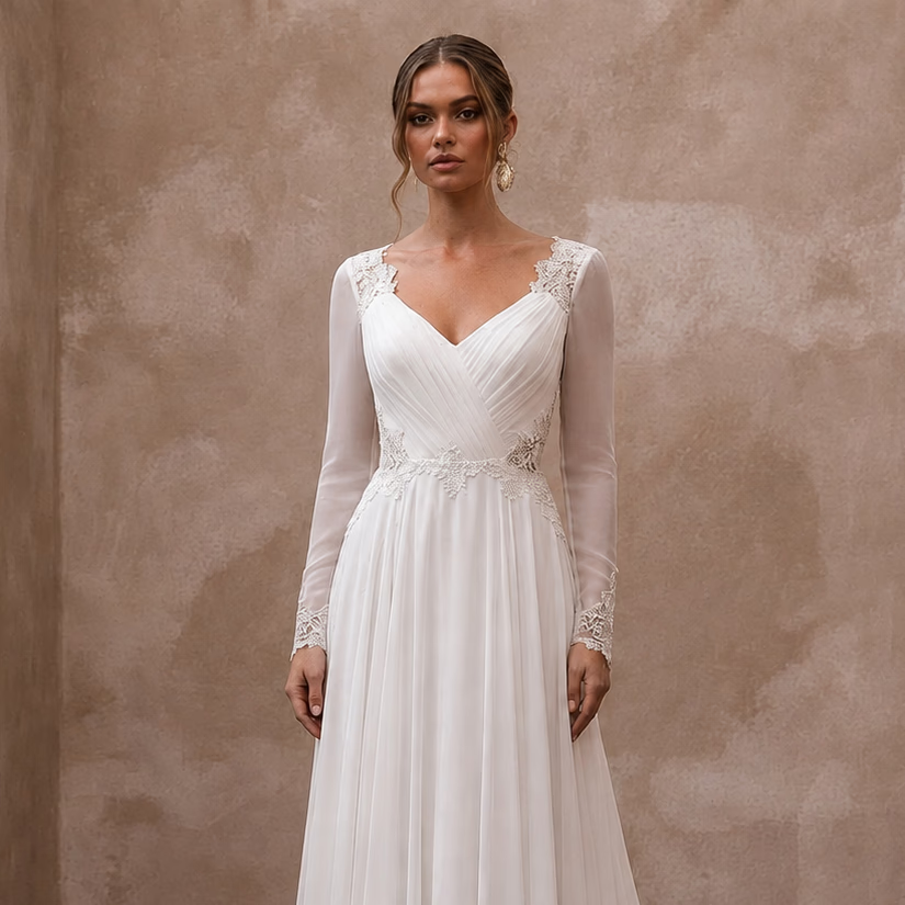 White chiffon A-line bridal dress with V-neck, lace long sleeves, fitted waist