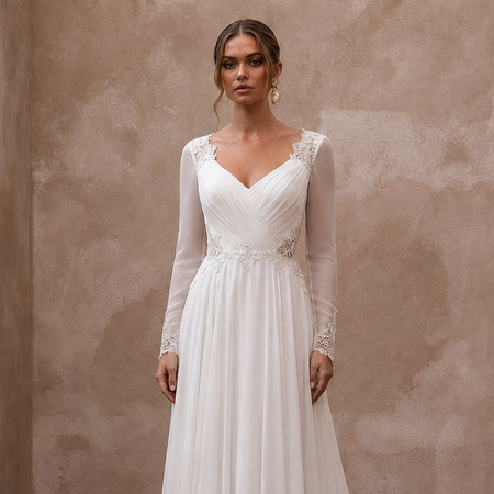 White chiffon A-line bridal dress with V-neck, lace long sleeves, fitted waist
