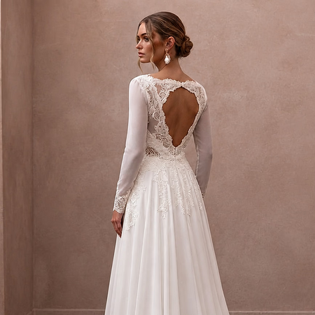 White chiffon A-line bridal dress with lace open back and long fitted skirt