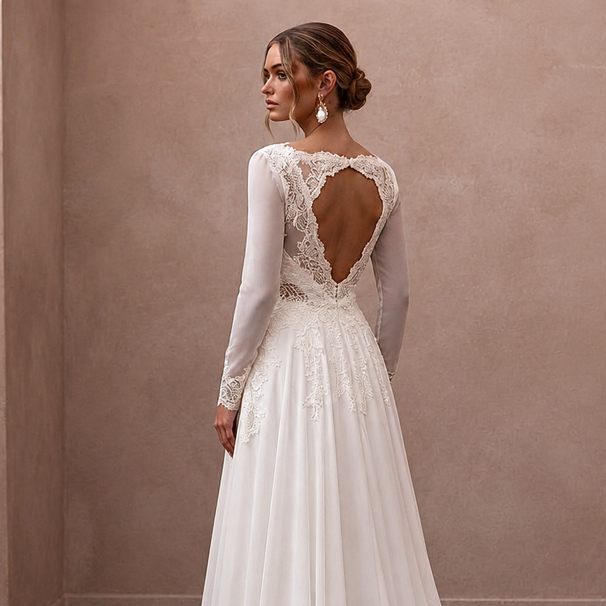 White chiffon A-line bridal dress with lace open back and long fitted skirt
