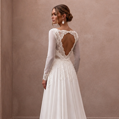 White chiffon A-line bridal dress with lace open back and long fitted skirt