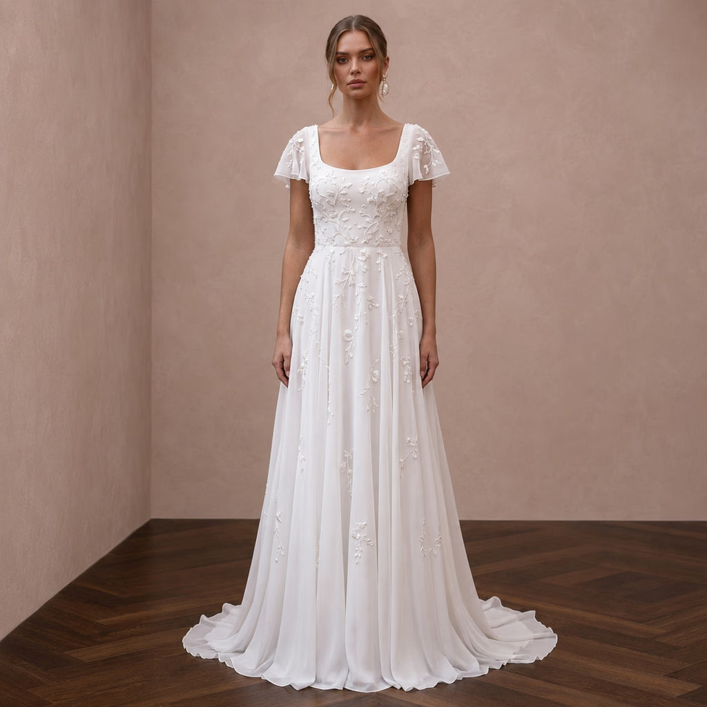 Classic Chiffon Wedding Dress with Short Sleeves and A-Line Silhouette